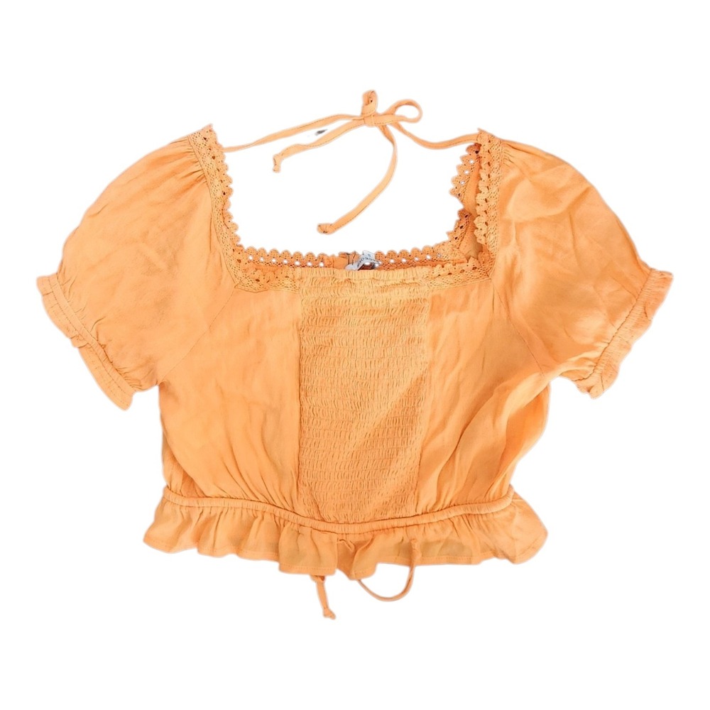NWT Olivaceous Smocked Puff-Sleeve Cropped Peasant Blouse with Lace TrimS Boho S - Picture 3 of 8